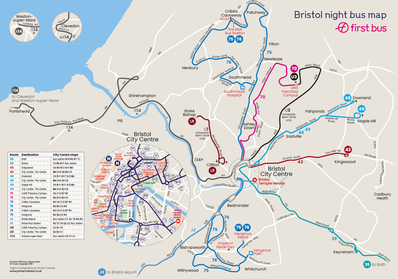 Bristol night bus map